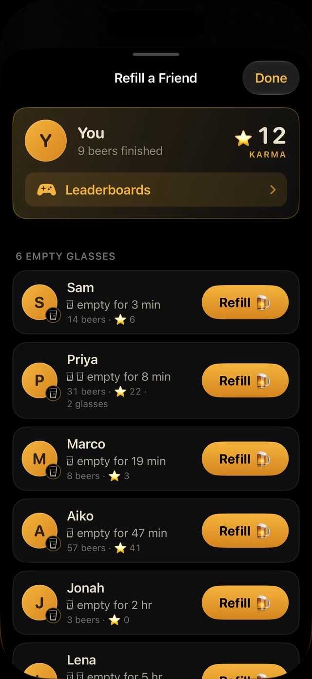The Refill a Friend feed: empty glasses from Sam, Priya, Marco, Aiko and others, each with a Refill button, and your Karma at the top.